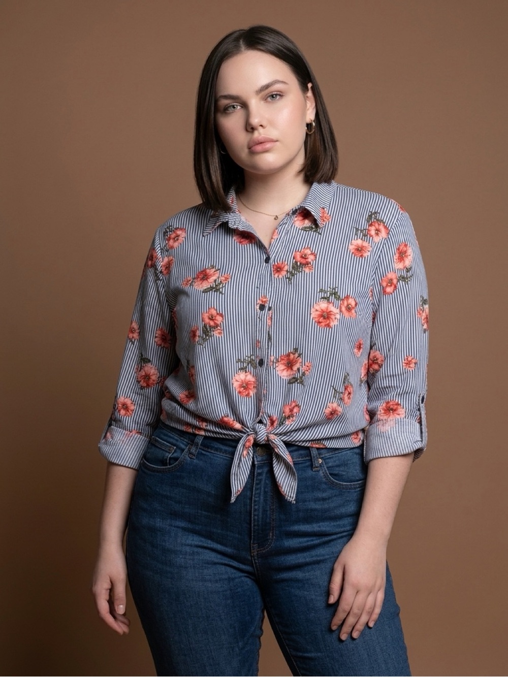 Floral Stripe Tie-Front Button-Down Shirt - Blue with Coral Flowers